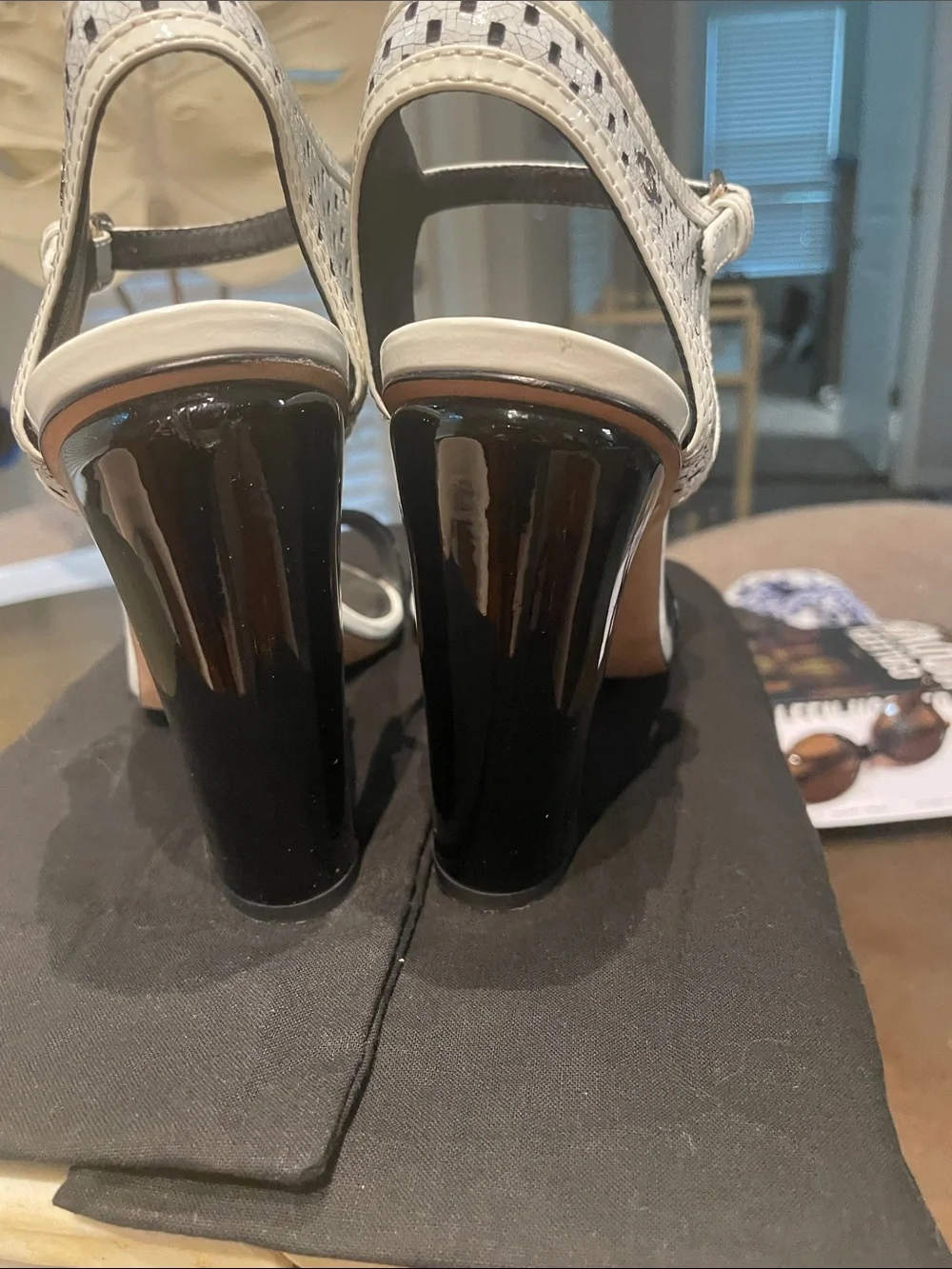 CHANEL Black and White Patent Leather Ankle Strap Heels